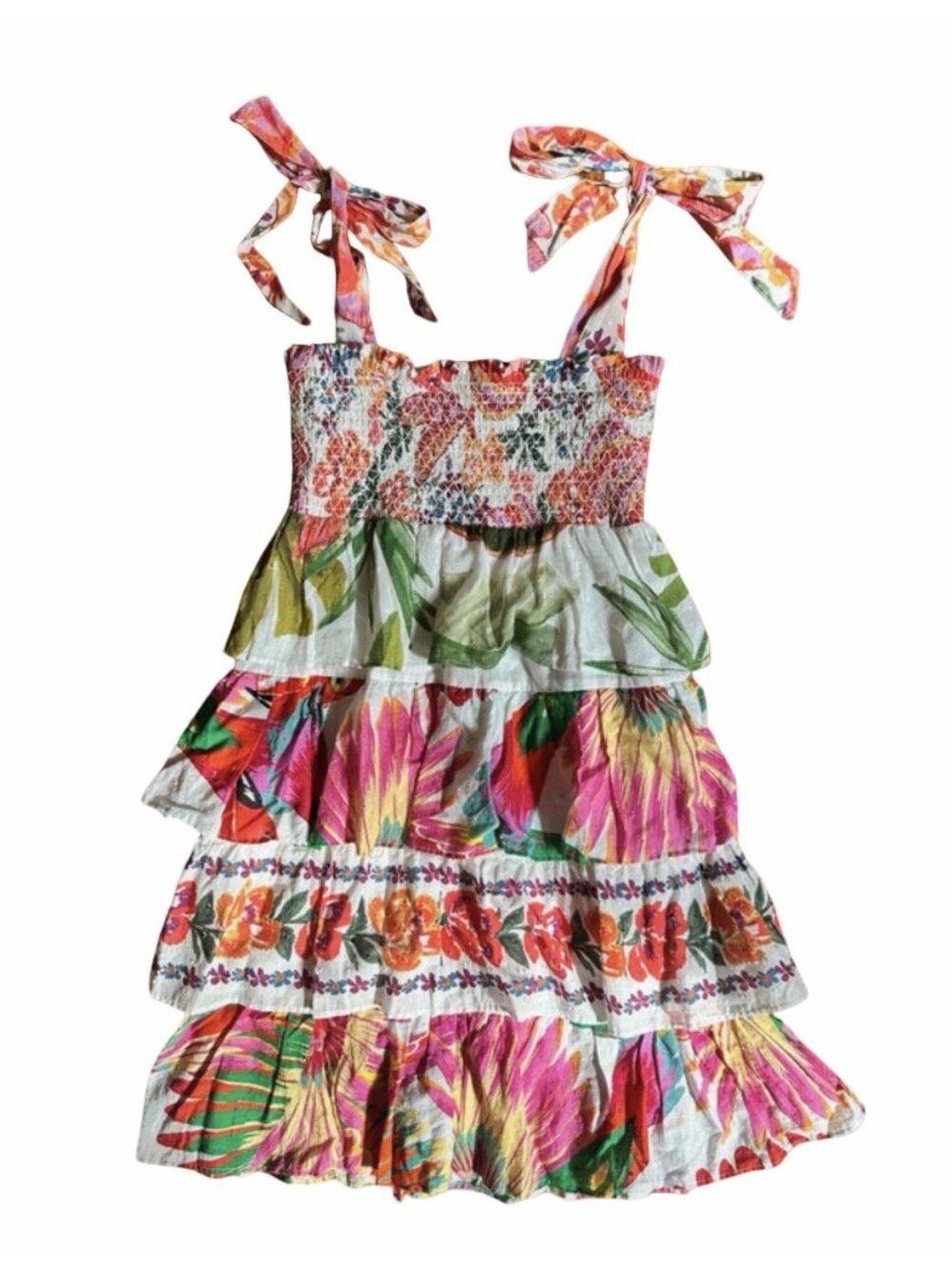 Farm Rio Mixed White Print Layered Dress M Tropical Floral Tiered cotton smocked - Picture 2 of 6